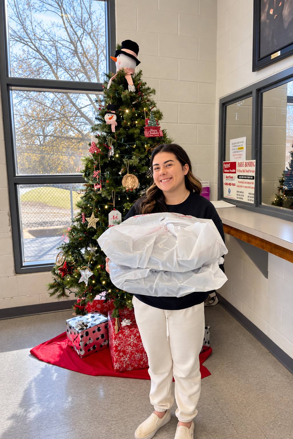 A volunteer holding an armful of care bags beside a Christmas tree in the jail lobby