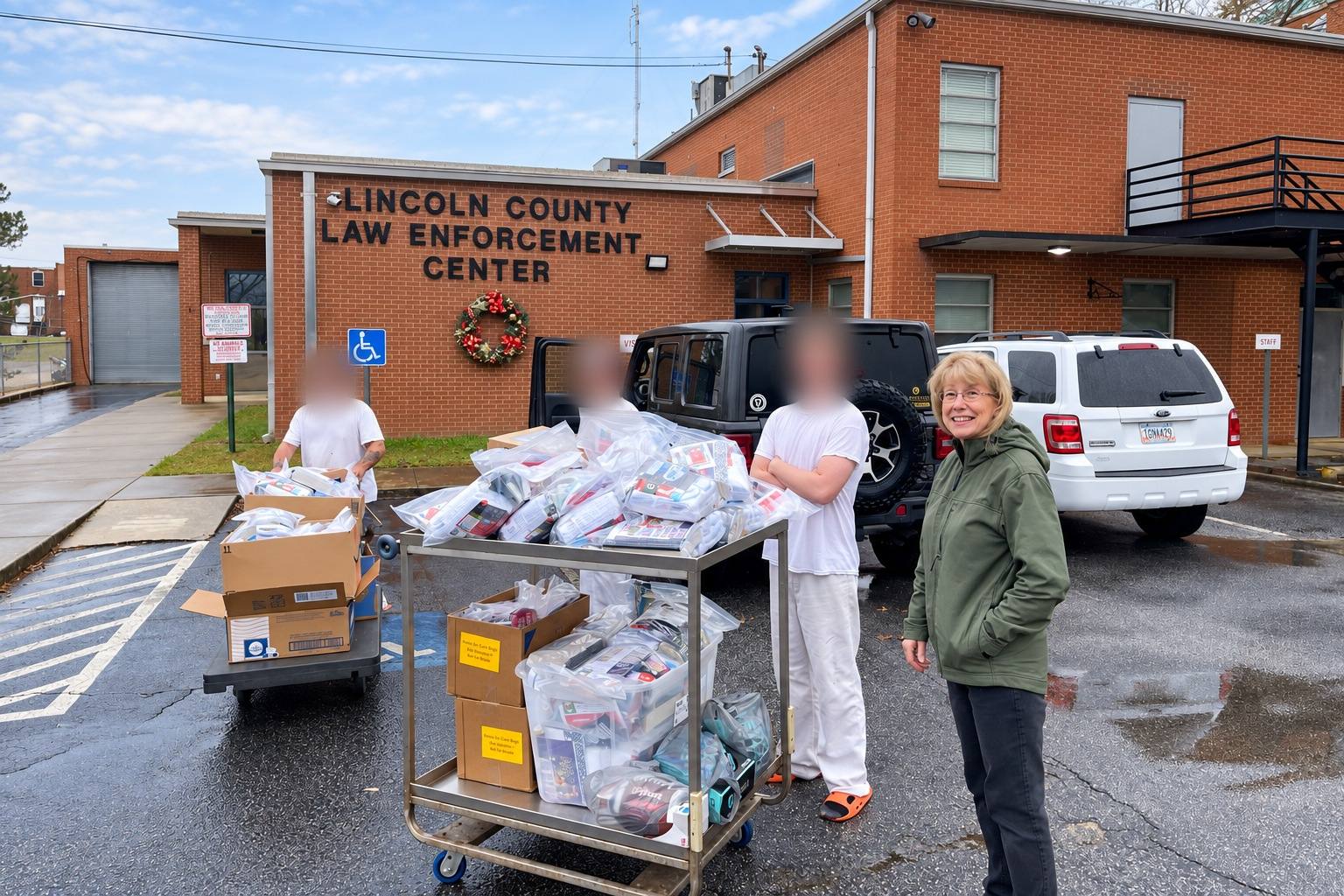 A cart piled with care bags outside the jail, with helpers and a volunteer beside it