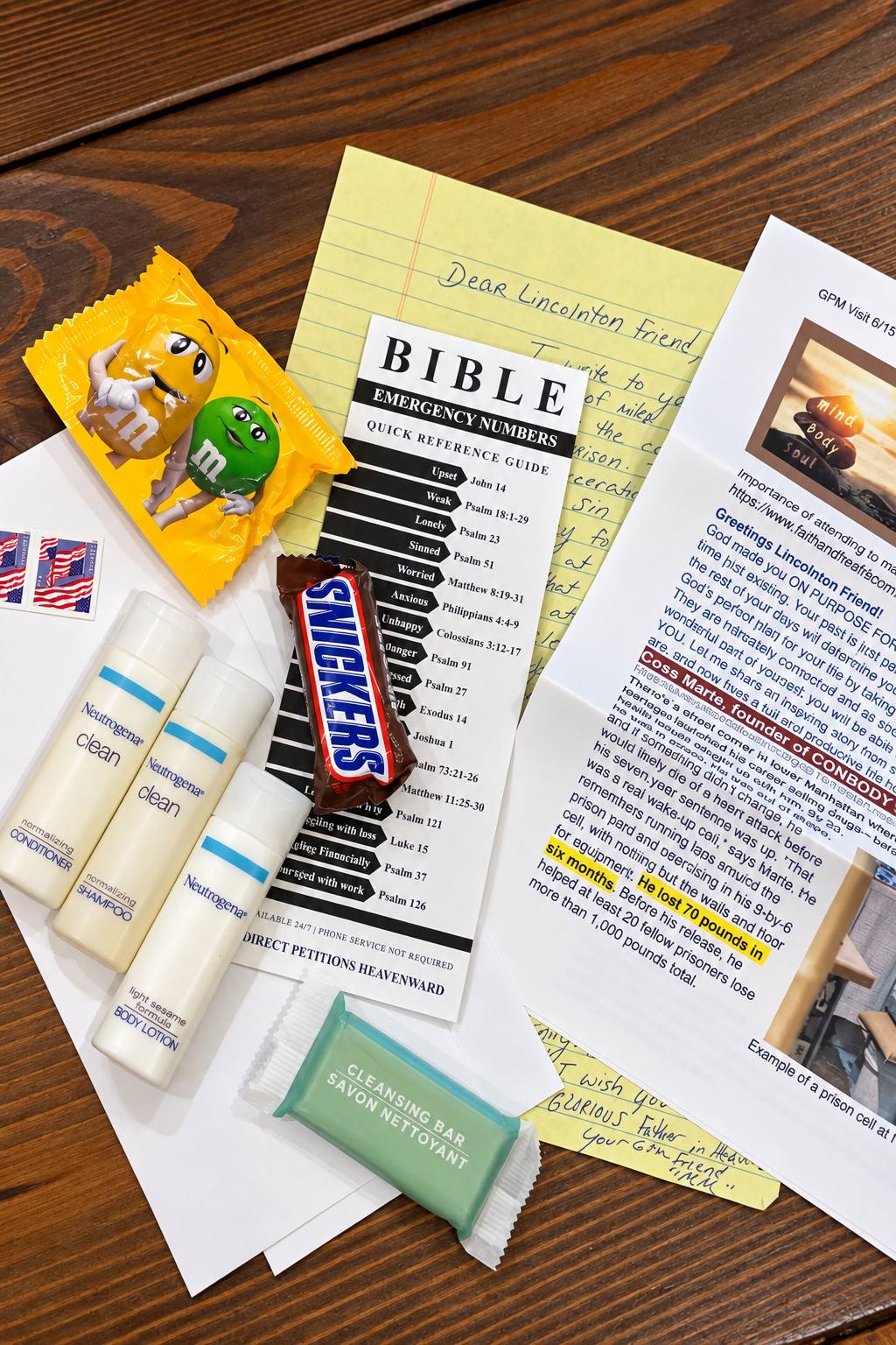 What goes to every inmate: scripture, a handwritten letter, a treat and travel toiletries