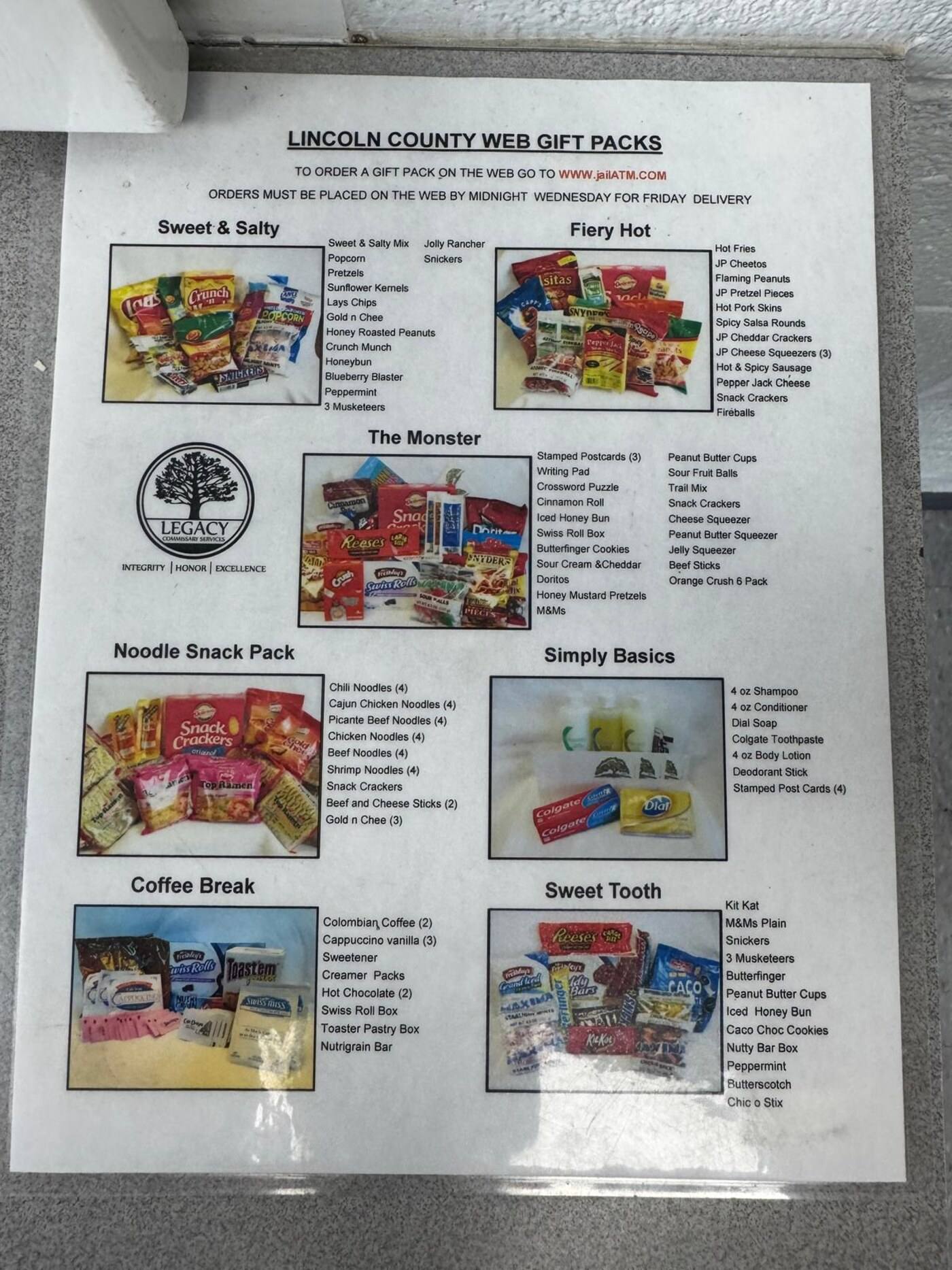The Lincoln County web gift pack menu