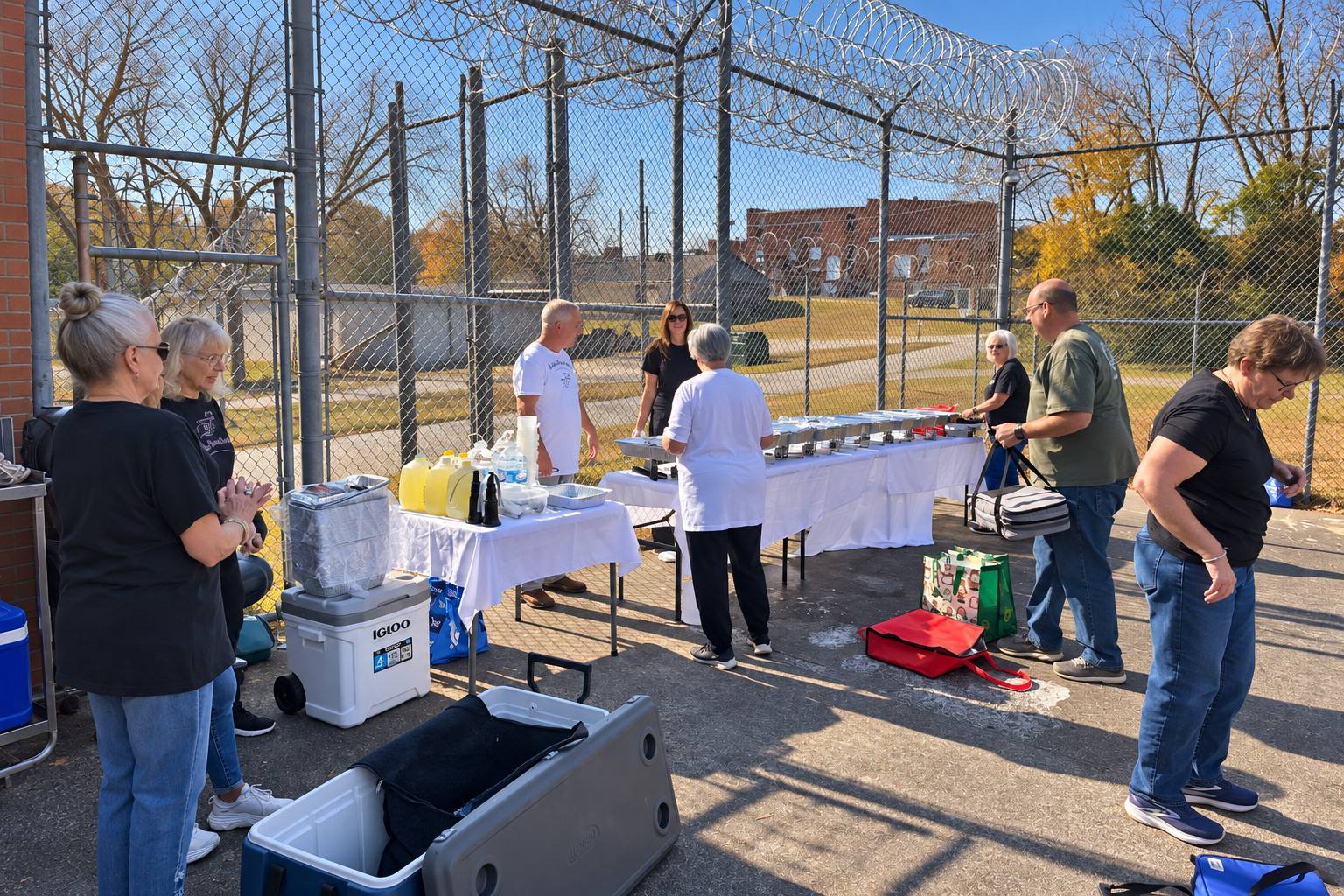Volunteers preparing food at tables in the jail yard