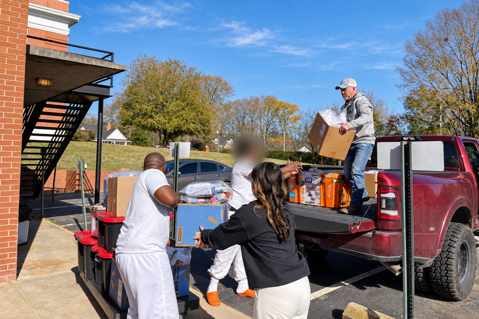 Volunteers passing boxes of care bags out of a pickup truck