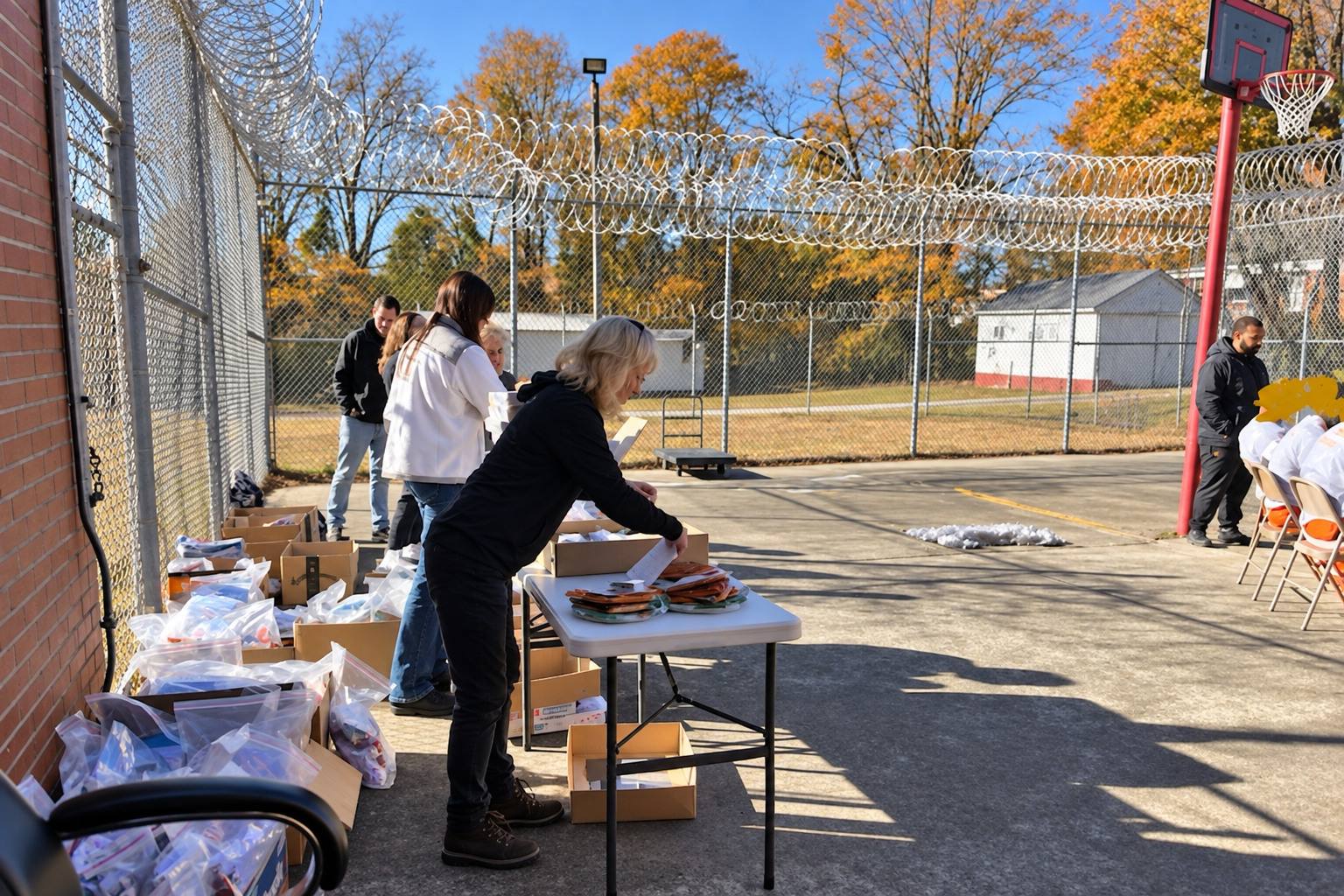 Volunteers setting up tables of food and care bags in the jail yard